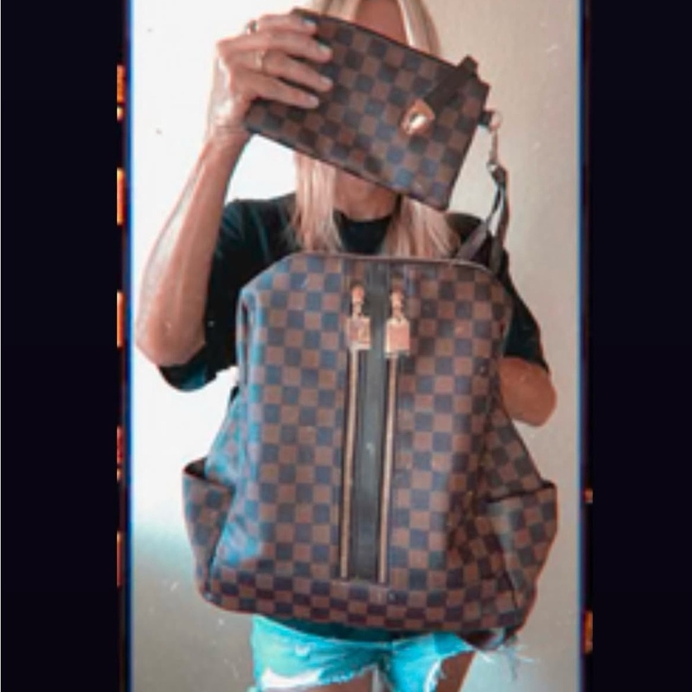 Checkered Brown Backpack and Wallet Set